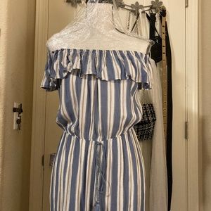 Striped Blue Ruffled Off-the-Shoulder Romper